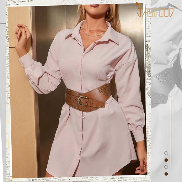 Women Vintage Wide Elastic Studded Stretchy Waist Belt Rivets Metal Buckle Brown - Picture 2 of 5